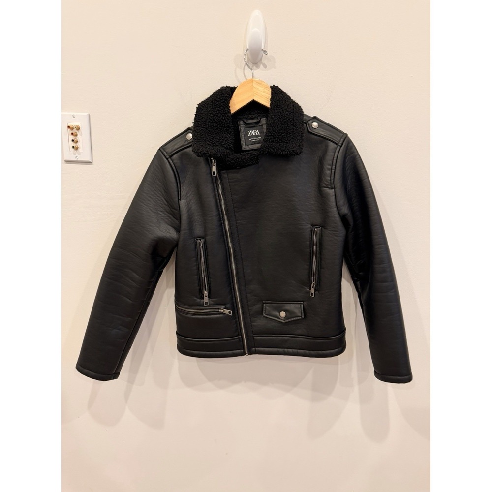 ZARA Girls Black Faux Leather Biker Jacket Sherpa Collar Moto Size 11/12 EUC
